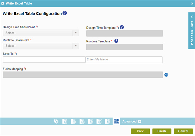 Write Excel Table Configuration screen