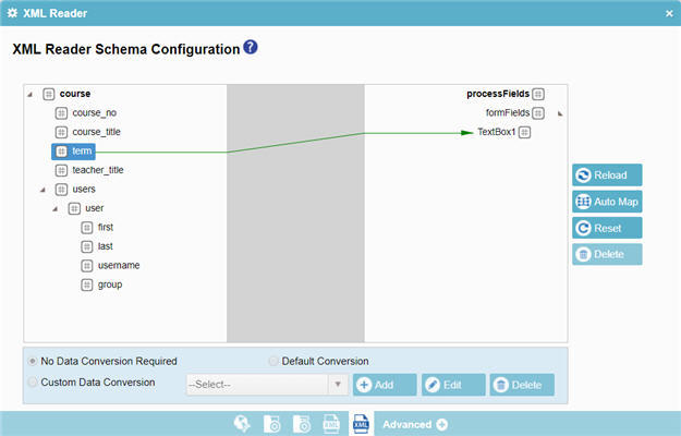 XML Reader Schema Configuration screen