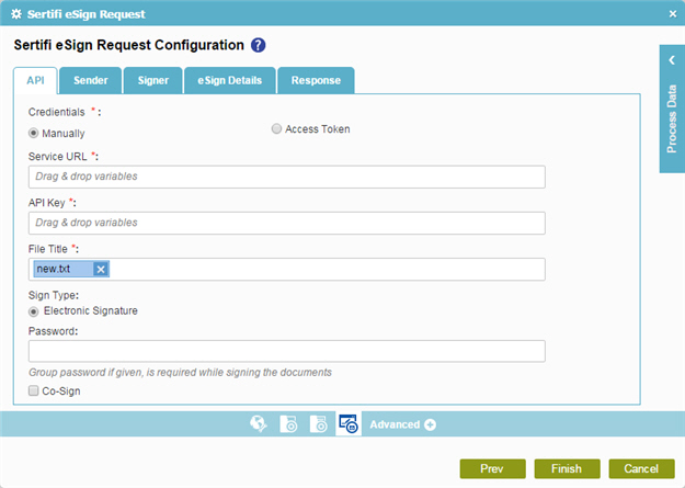 Sertifi eSign Request Configuration API tab