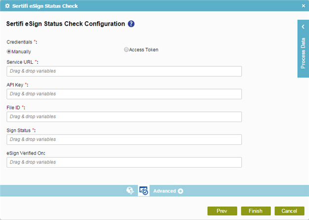 Sertifi eSign Status Check Configuration screen