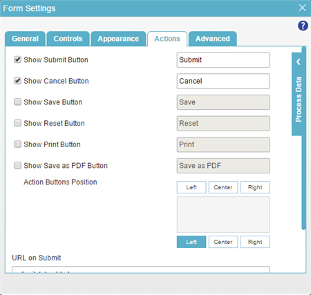 Form Settings Actions screen