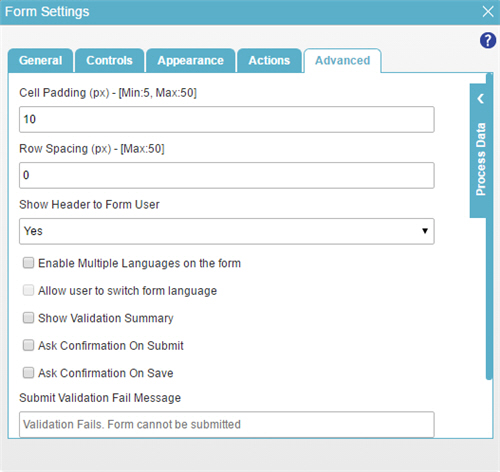 Form Settings Advanced screen