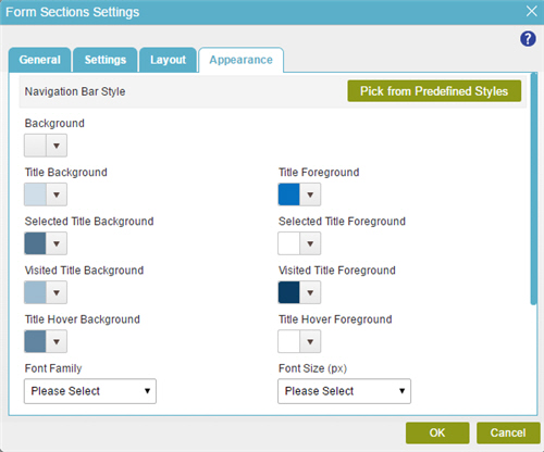 Form Sections Settings Appearance tab