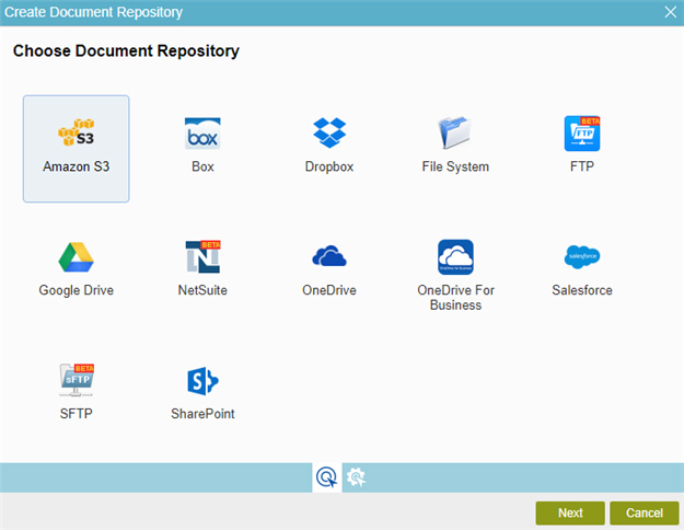 Choose Document Repository screen