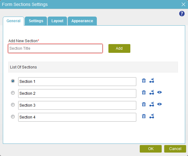 Form Sections Settings screen