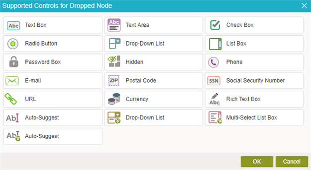 Supported Controls for Dropped Node screen