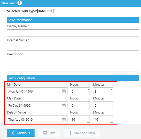 DateTime Field screen