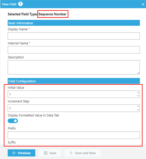 Sequence Number Field screen