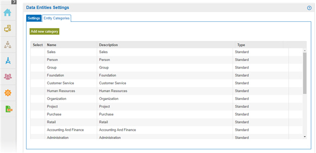 Data Entities Settings Entity Categories tab