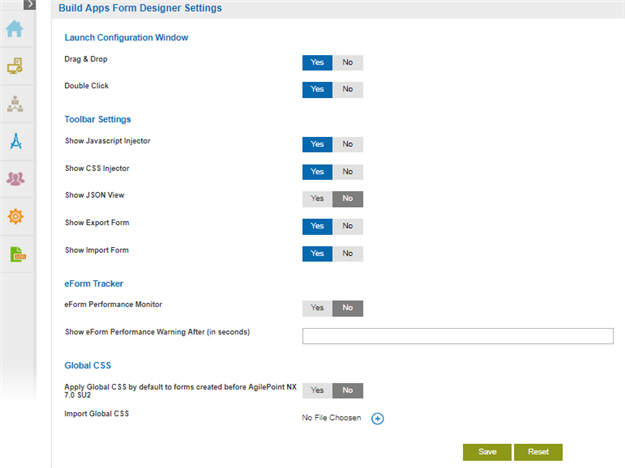 Build Apps Form Designer Settings screen