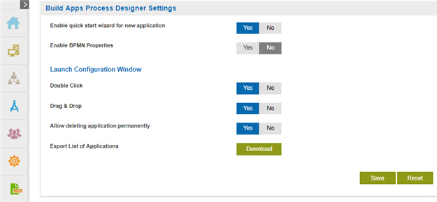 Build Apps Process Designer Settings screen