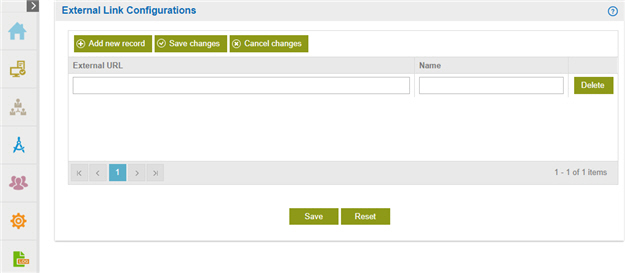 External Link Configurations screen