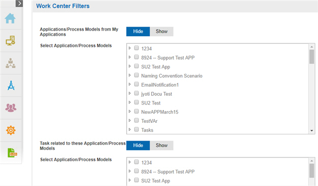 Work Center Filters screen