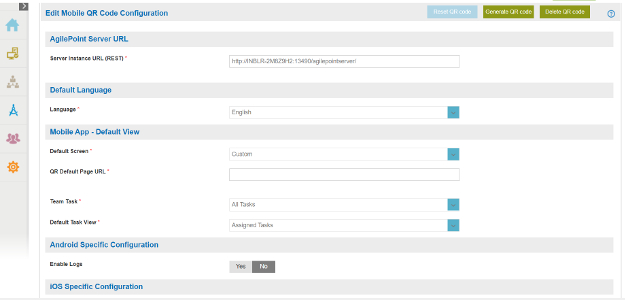 Mobile QR Code Configuration screen