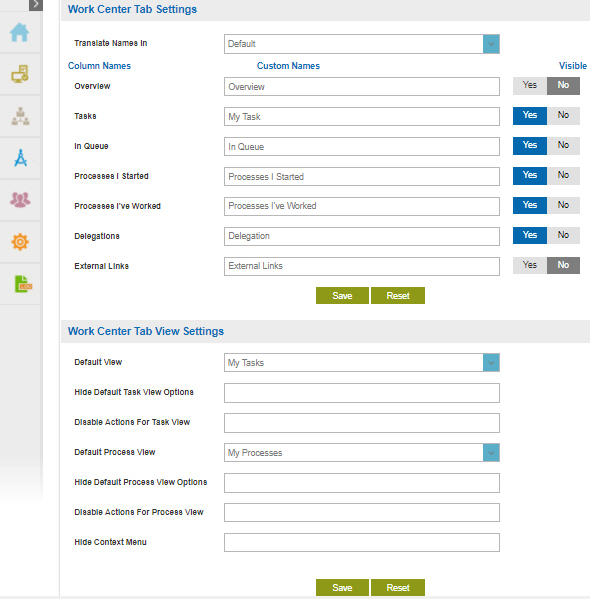 Work Center Tab Settings screen