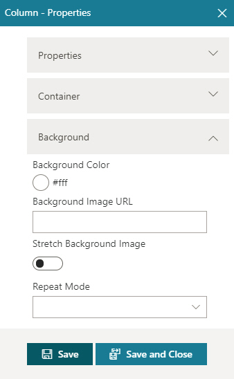 Column Properties Background screen