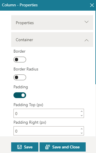 Column Properties Container screen