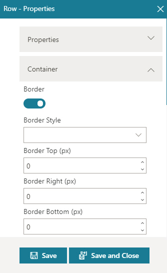 Row Properties Container screen