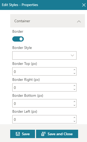 Style Properties Container screen