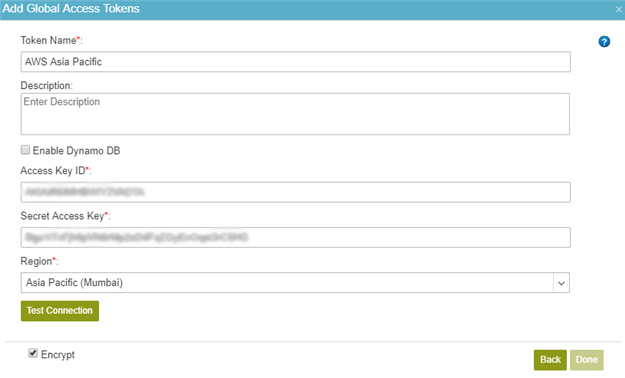 Amazon Web Services Access Token Configuration screen