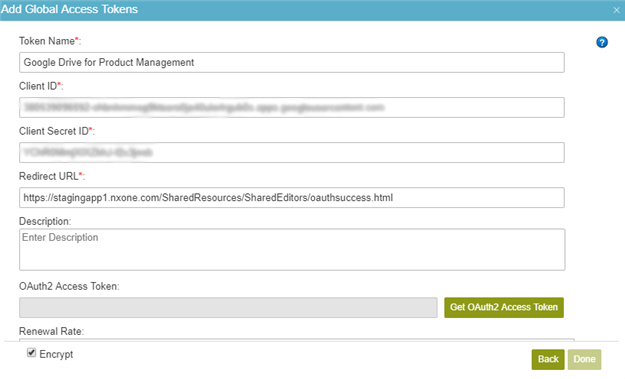 Google Drive Access Token Configuration screen