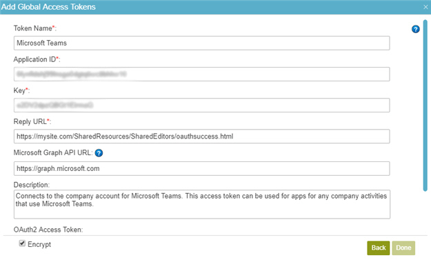 Microsoft Teams Access Token Configuration screen