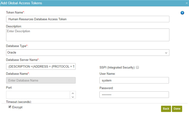 Database Access Token Configuration screen