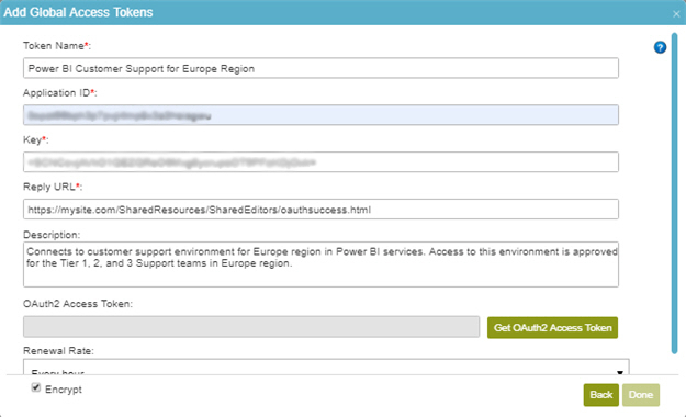 Power BI Access Token Configuration screen