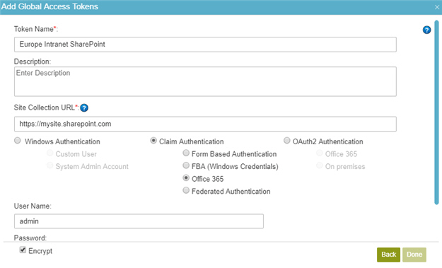 SharePoint Access Token Configuration screen