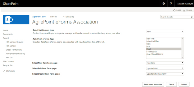 AgilePoint eForms Association screen in SharePoint