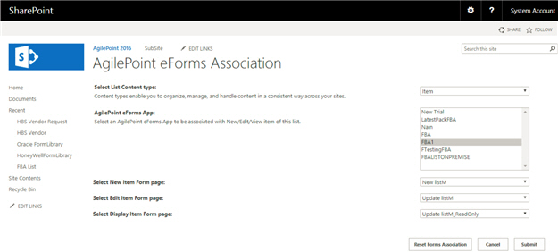 AgilePoint eForm Association screen