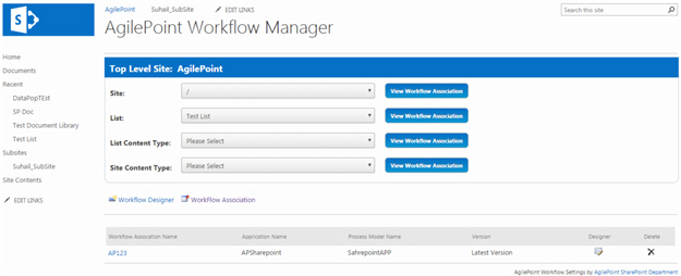 AgilePoint Workflow Manager screen