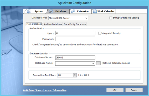 AgilePoint Configuration Database tab