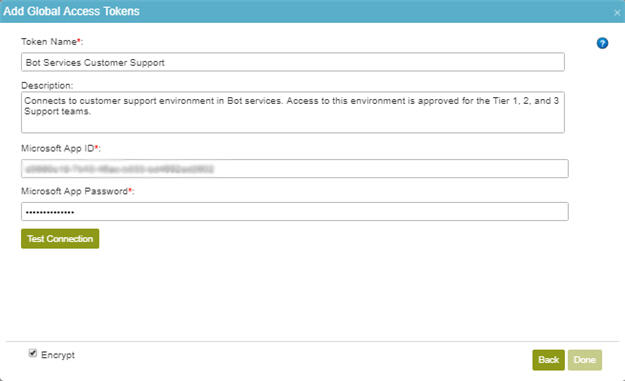 Azure Bot Services Access Token Configuration screen