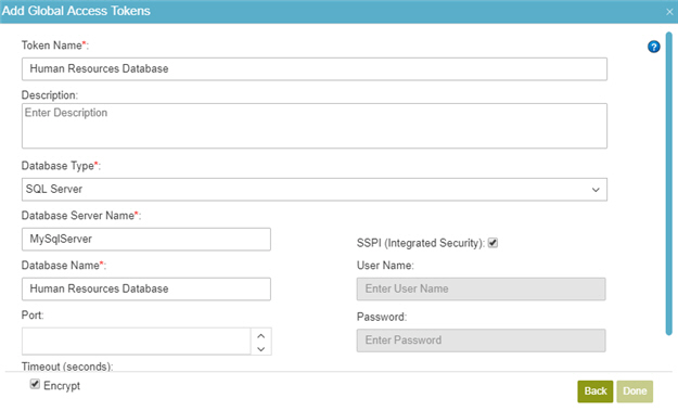 Database Access Token Configuration screen