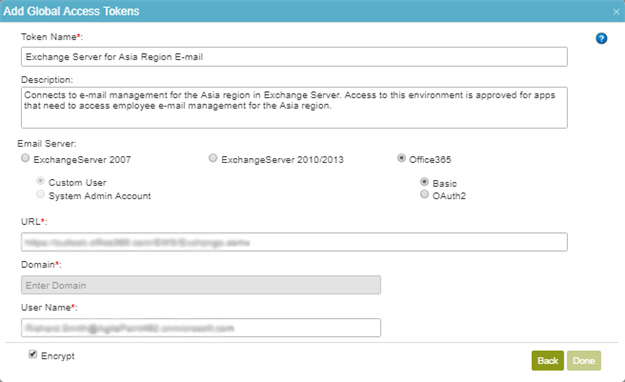 Exchange Server Access Token Configuration screen