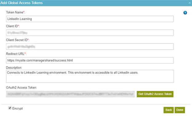 LinkedIn Access Token Configuration screen