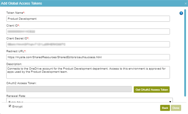 OneDrive Access Token Configuration screen