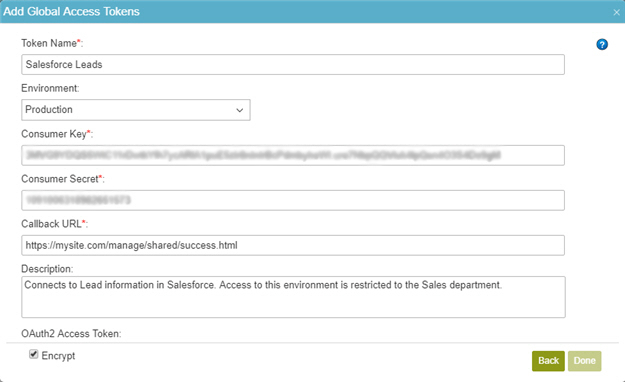 Salesforce Access Token Configuration screen