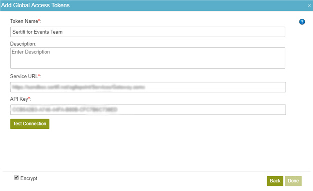 Sertifi Access Token Configuration screen