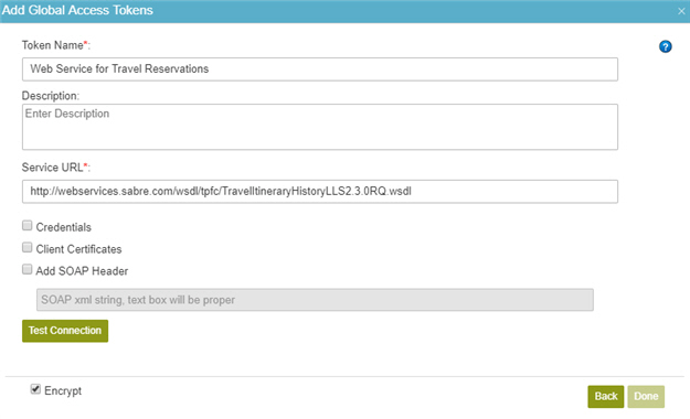 Web Service Access Token Configuration screen