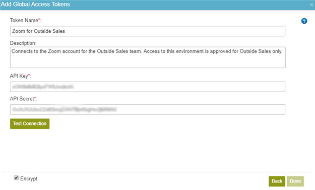 Zoom Access Token Configuration screen