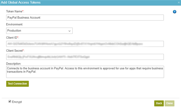 PayPal Access Token Configuration screen