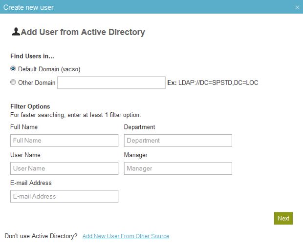 Add User From Active Directory screen