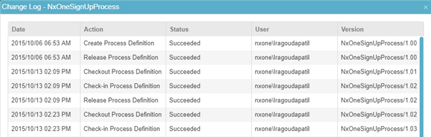 Application Management Change Log screen