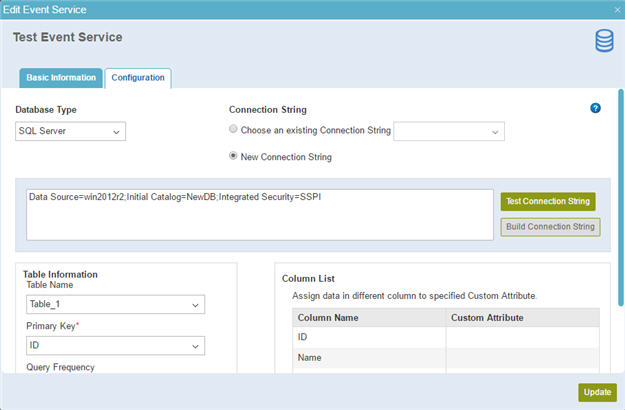 Edit Event Service Database Insert Configuration tab