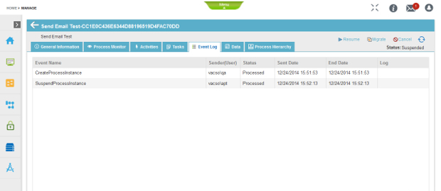 Process Detail Event Log tab