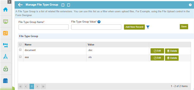 Manage File Type Group screen