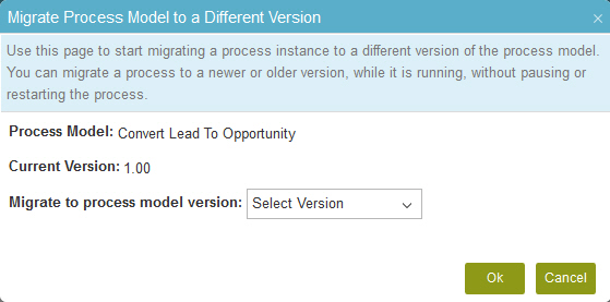 Migrate Process Model to a Different Version screen