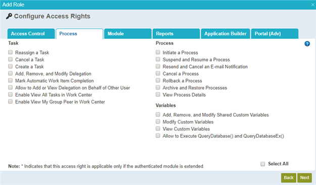 Configure Access Rights Process tab